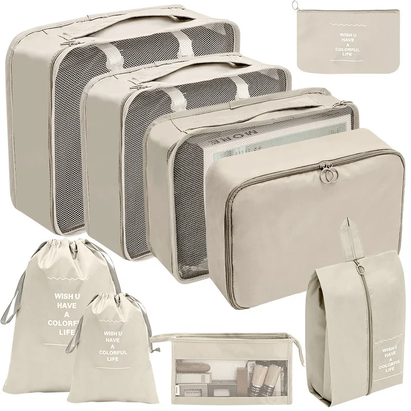 

2023 Fashion Waterproof Laundry Nylon Travel Packing Cubes Set 9 pcs Organizer Bags For luggage