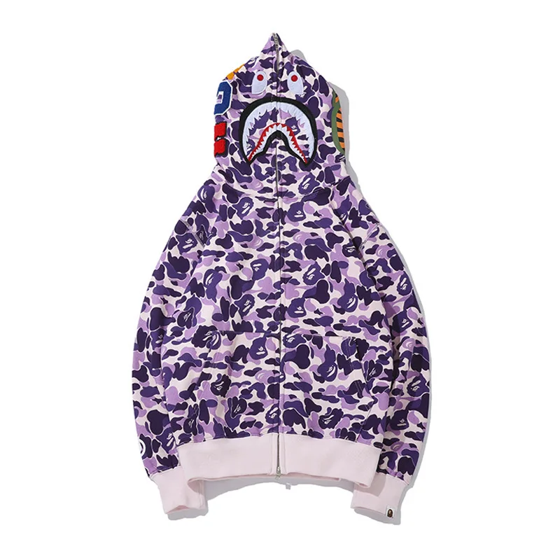 

Source Factory Unisex Women Men Bape Camouflage Hip Hop Shark Zipper Coat Purple Bape Wgm Camo Hoodies