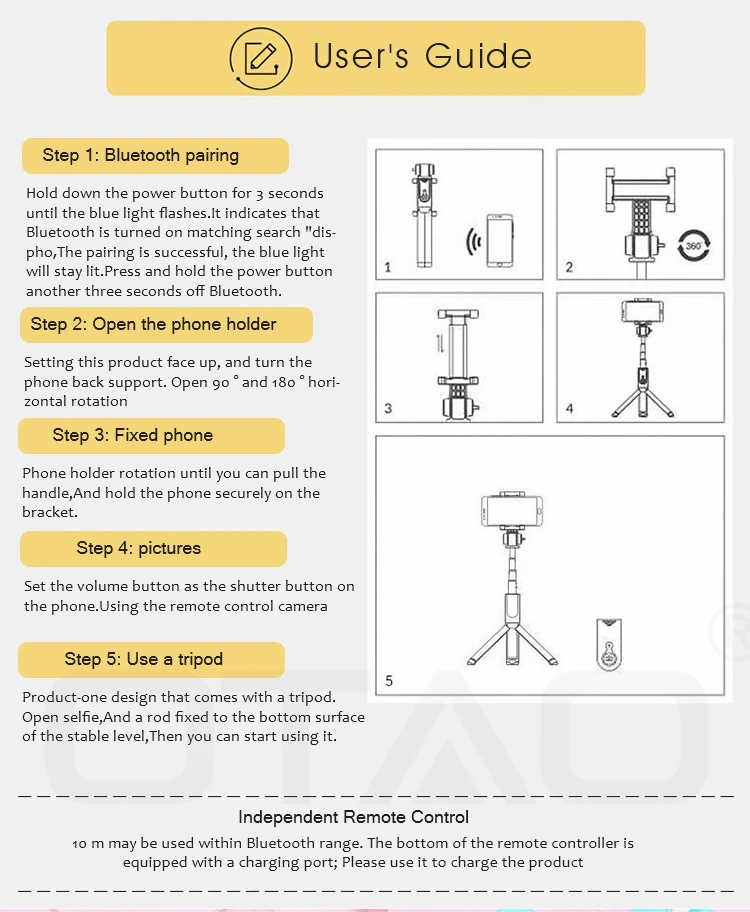 OTAO Cute Girl Fordable Tripod Rechargeable Bluetooth Selfie Stick For iPhone Android Mobile Phone Holder Extendable Handheld