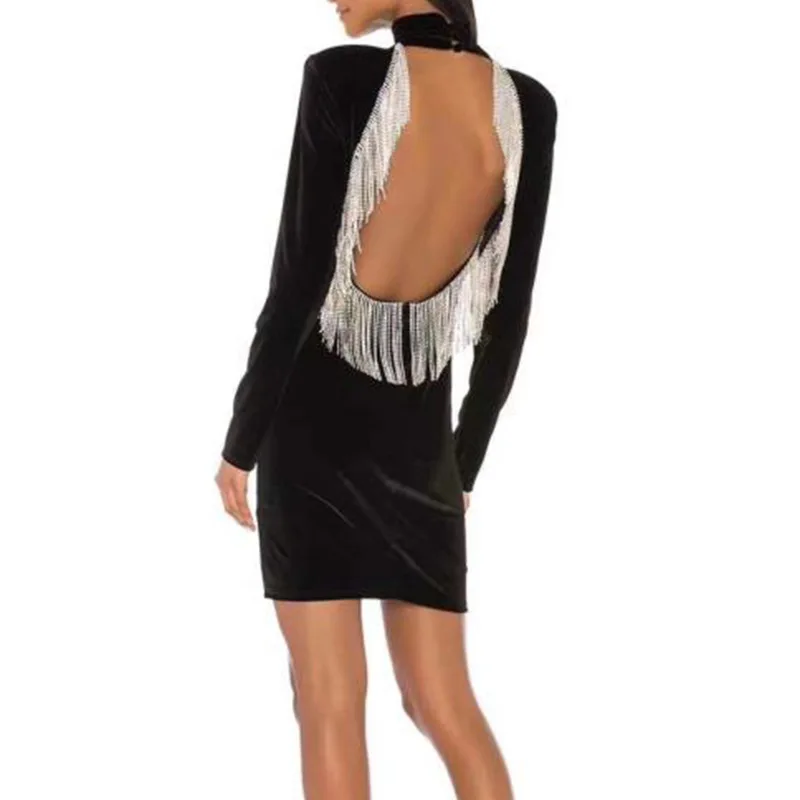 

2020 new arrival high quality fashion ladies high-necked velvet backless fringe slim pencil mini dress evening dress