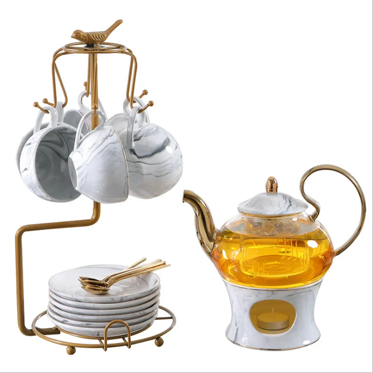 

Flower tea cup set English ceramic glass flower tea set candle teapot with filter afternoon tea set