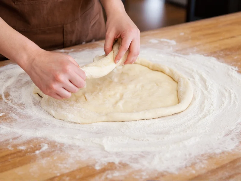 Hands stretching pizza dough on floured surface