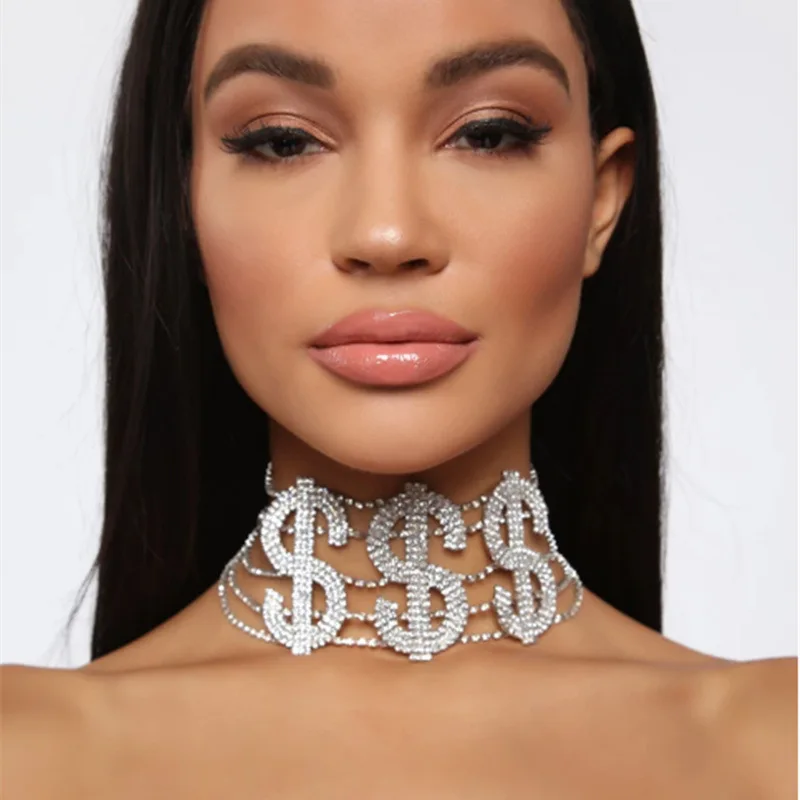 

Statement Rhinestone Crystal US Dollar Sign Choker Necklace Full Diamond CZ Cubic Zirconia Dollar Choker Necklace