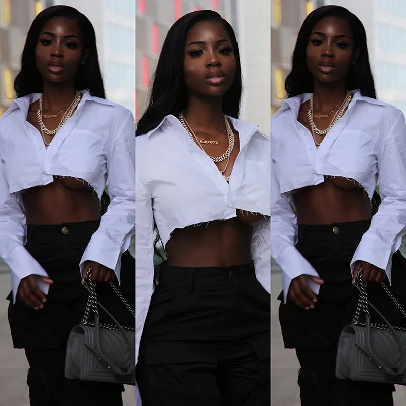 

2022 new arrival spring fashion women lady leisure white long sleeve button lapel loose short top blouse shirt for women clothes