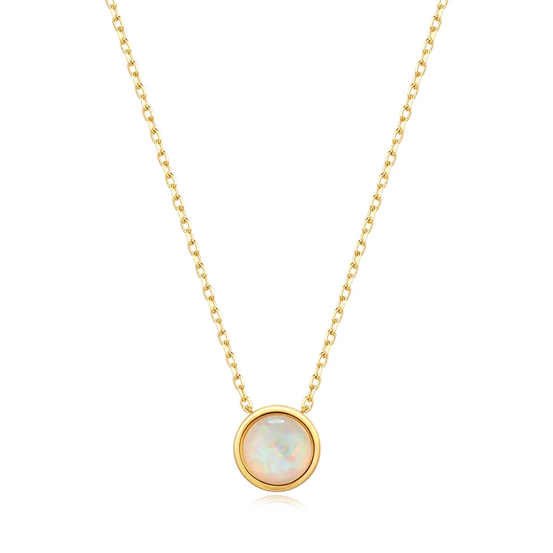 

Modern Rainbow Opal Solitaire Round Shape Bezel Silver Necklace Yellow Gold Plated Bridesmaid Gift Girls