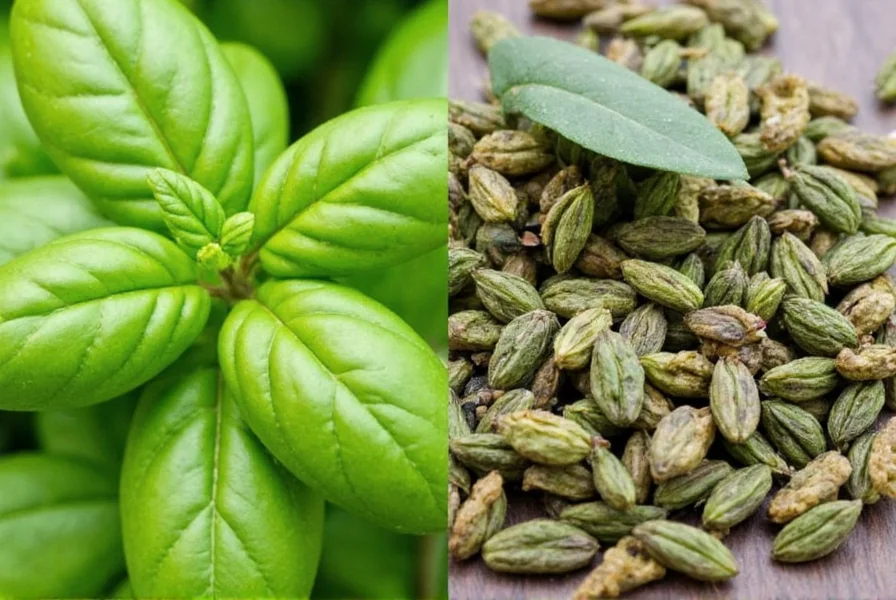 Fresh basil leaves next to dried basil in a bowl