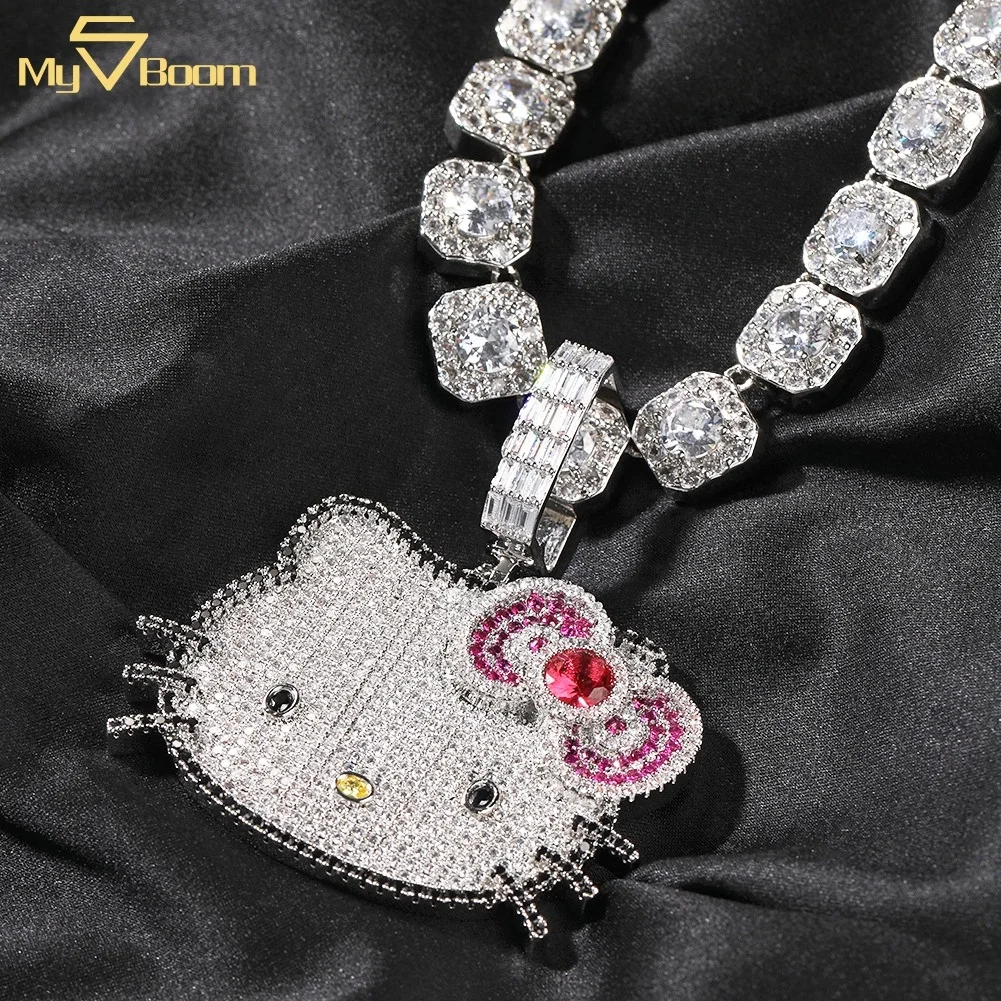 

New Arrival Zircon Brass Colorful Cute Design Pendant Iced Out Hello Hip Hop Cat Kitty Pendant Chain Necklaces