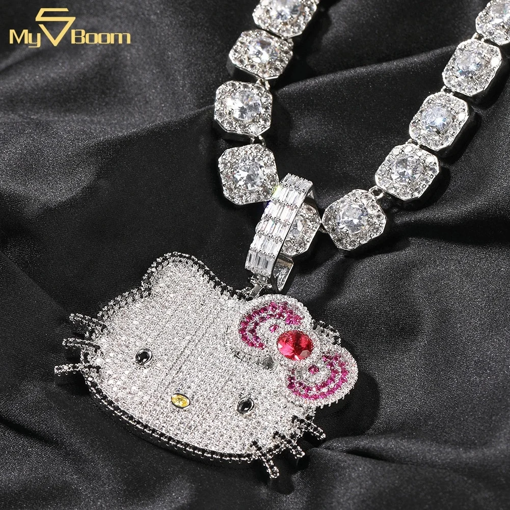 New Arrival Zircon Brass Colorful Cute Design Pendant Iced Out Hello Hip Hop Cat Kitty Pendant Chain Necklaces