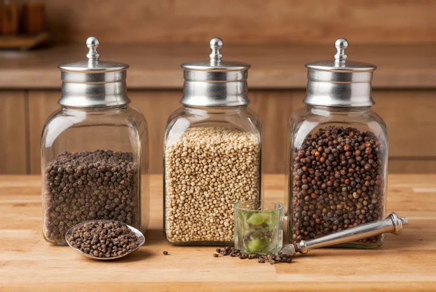 Glass jars containing different colored peppercorns with a pepper mill on a wooden kitchen surface showing proper storage methods