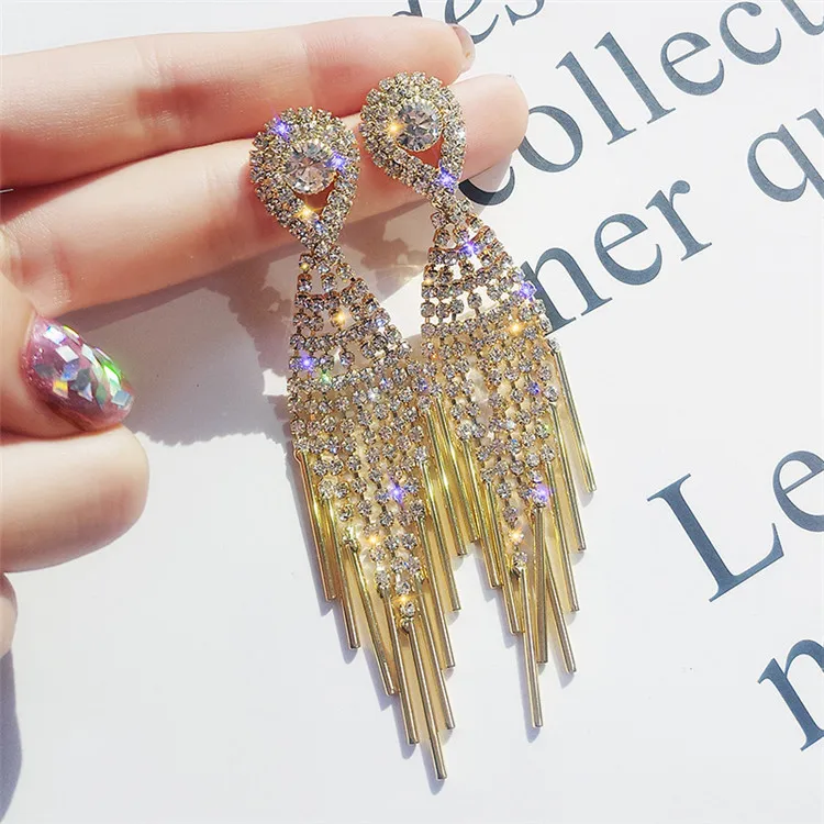 

Gold Teardrop Dangle Diamond Large Tassel Drop Earrings Jwellery Statement Geometric Long Earrings For Women