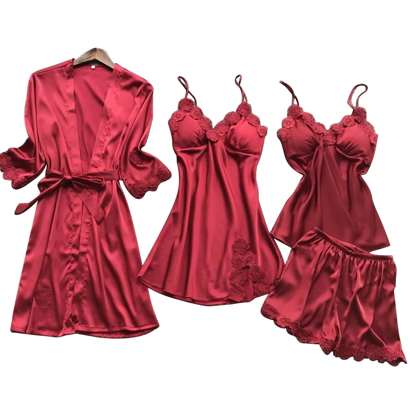 

2022 Wholesale Women's Sleepwear Silk Satin Four Pieces Set Pajamas Short Set Women Sexy Lingerie Nighty Set Silk Pajamas, As picture shown