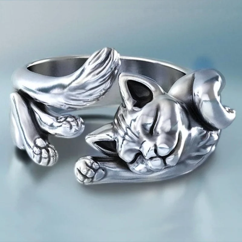 

Vintage adjustable opening cat totem ring band cute sleeping cat ring jewelry, Silver color