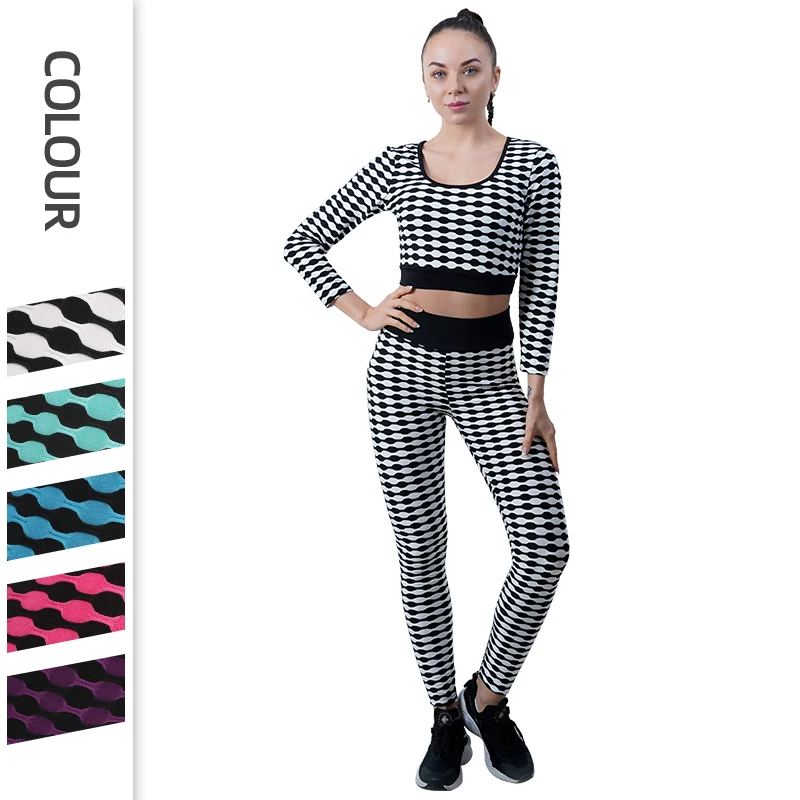 

yoga pant set sport plaid plus size long sleeve crop top yoga leggings butt lift active seamless fitness gym wear, Pink gray yellow red black blue green purple