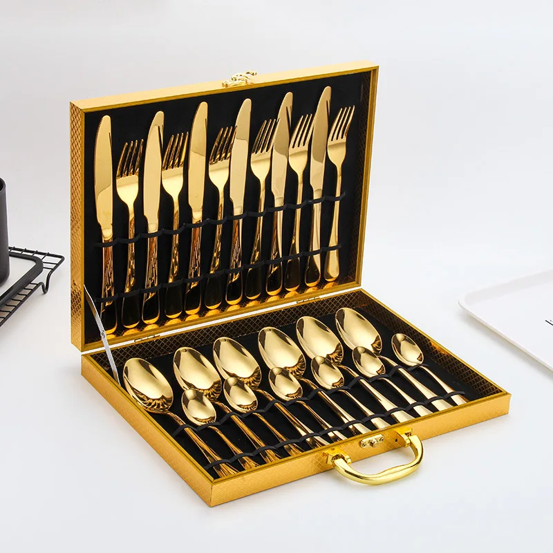 

Low MOQ 24pcs Stainless Steel Cutlery Gold Plated Flatware Silverware Spoon Set