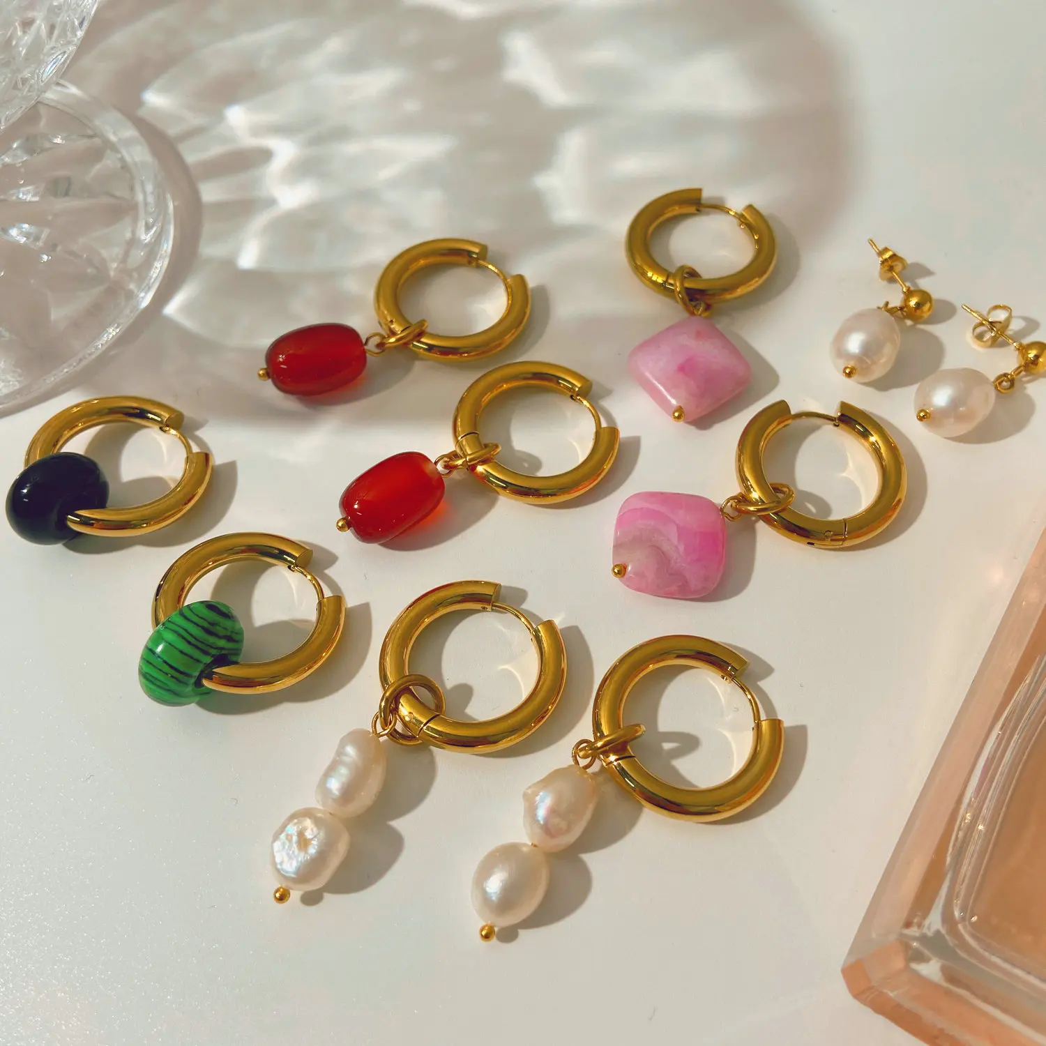

18k Gold PVD Plated Stainless Steel Hoop Earrings Freshwater Pearl Opal Red Agate CARNELIAN Crystal Charm Huggie Earrings