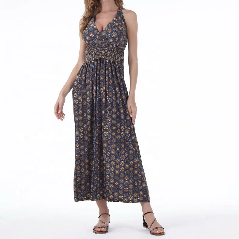 

Beach wear holiday high quality sexy summer v-neck strap 2021 new arrival print dress for woman