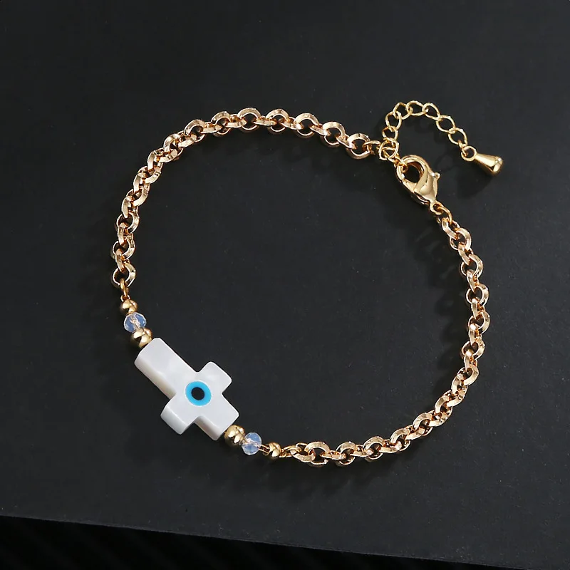 

minimalist dainty 18K gold plated stainless steel link chain sea shell charm cross Turkish evil eye bracelets for women jewelry, Gold chain