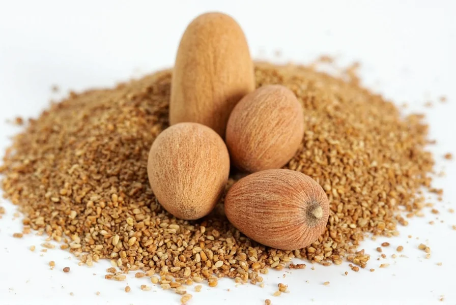 Close-up of nutmeg harvesting process showing workers collecting ripe fruit from Myristica fragrans trees