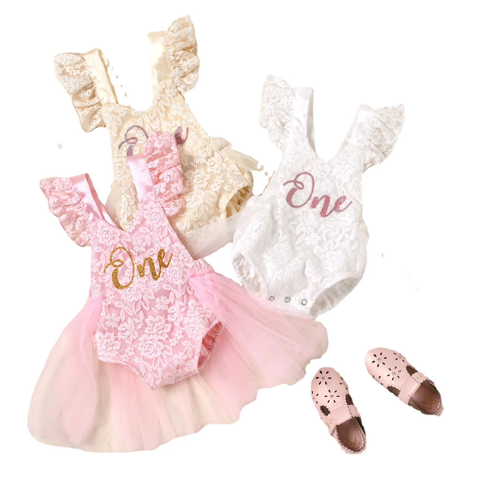 

Newborn Baby Girl Romper White Lace Sleeves Tutu Dress Bodysuit Jumpsuit Outfits For Birthday Gift, Picture shows