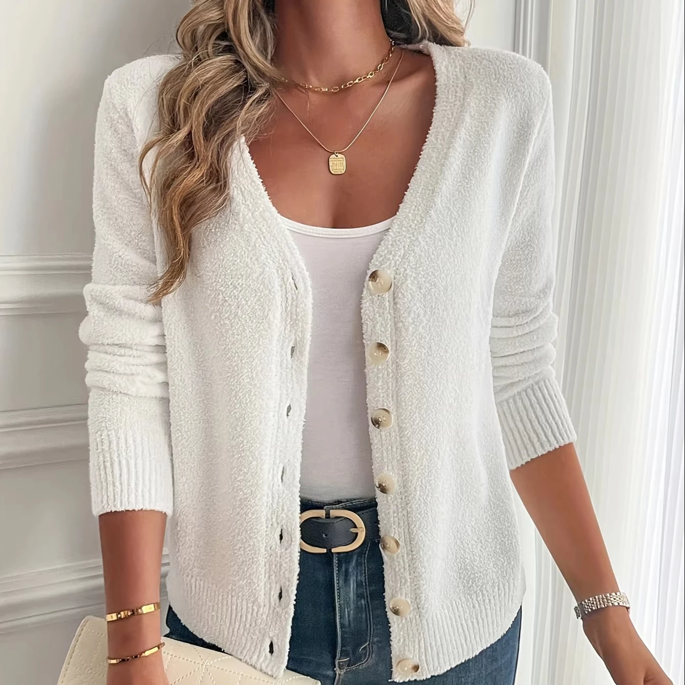 Women's Casual Solid Button Front Cardigan Sweater V Neck Long Sleeve Knitted Pullover for Autumn