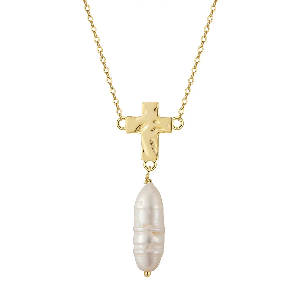 RINNTIN GPN77 Wholesale Baroque Pearl 925 Sterling Silver Cross Christianity Pendant Necklace FreshWater Pearl Jewelry Set