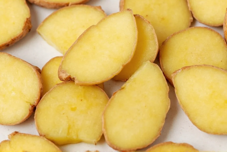 Fresh ginger root sliced with tea preparation showing ginger tea for bloating relief