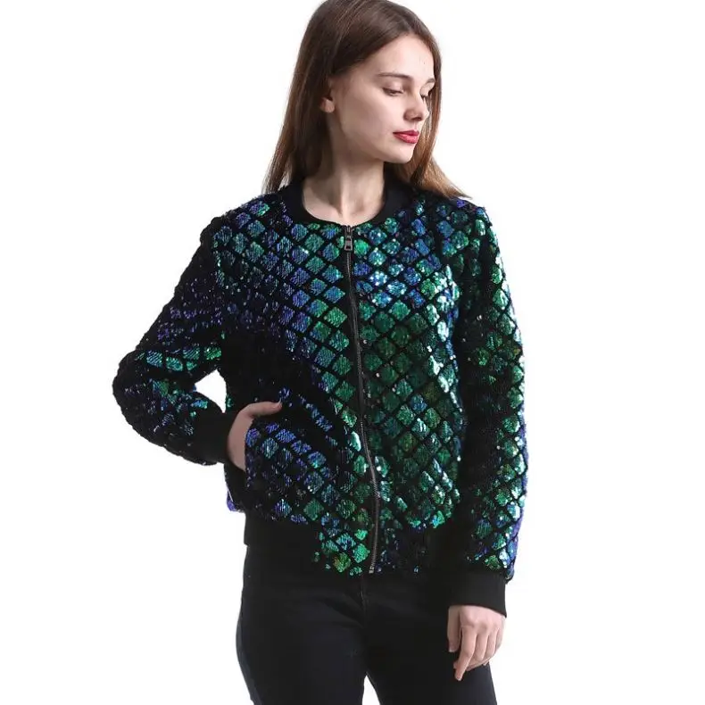 New Spring Autumn Women Sequin Coat Green Bomber Jacket Long Sleeve Zipper Streetwear Jackets Casual Basic Y10937