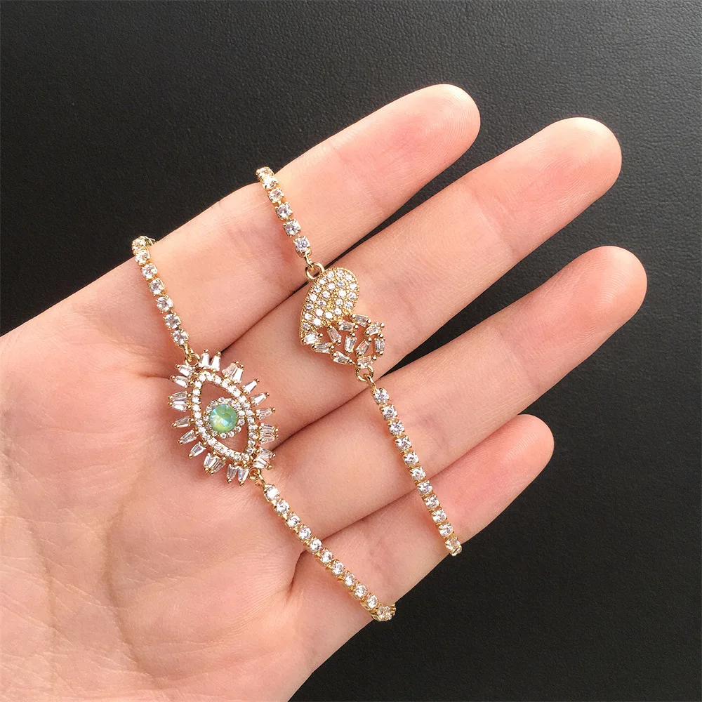 

New Arrival European 18K Gold Plated CZ Zircon Heart Sliding Bracelet Crystal Rhinestone Tennis Chain Evil Eyes Slider Bracelet