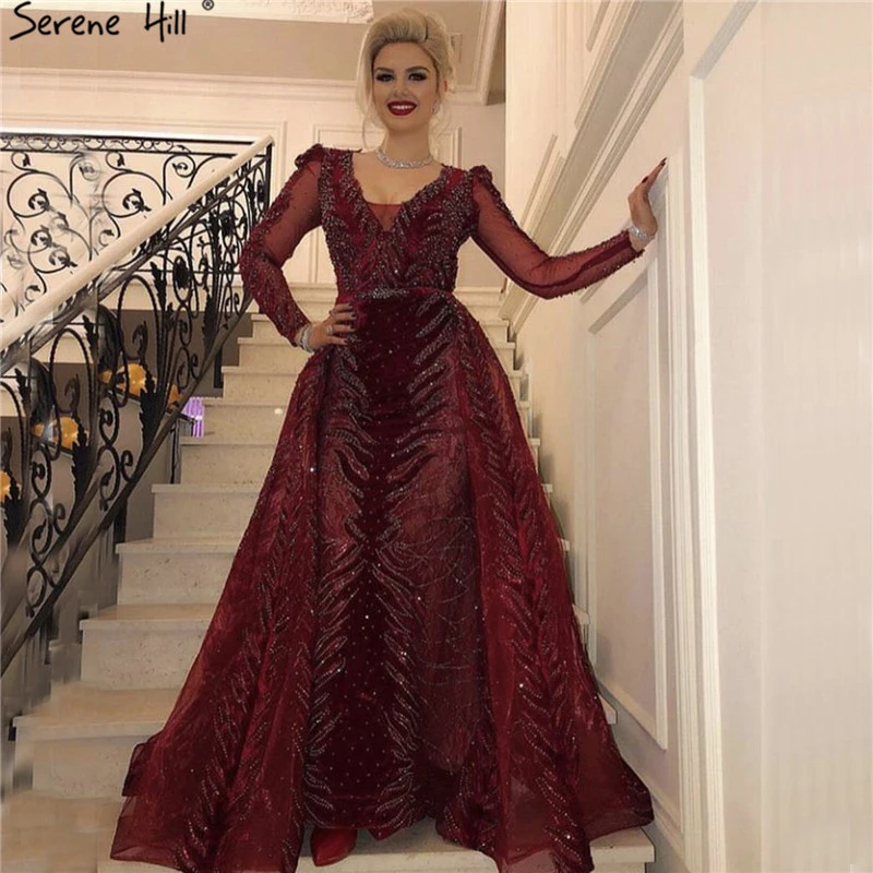 

Elegant Burgundy Full Sleeves Beaded Mermaid Evening Dresses Serene Hill LA60903 Luxury Women Long Party Gowns With Overskirt