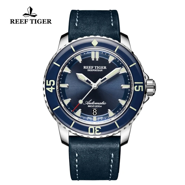 

REEF TIGER RGA3035 Super Luminous Dive Watch Mens Blue Dial Analog Automatic Watches Nylon Strap reloj hombre
