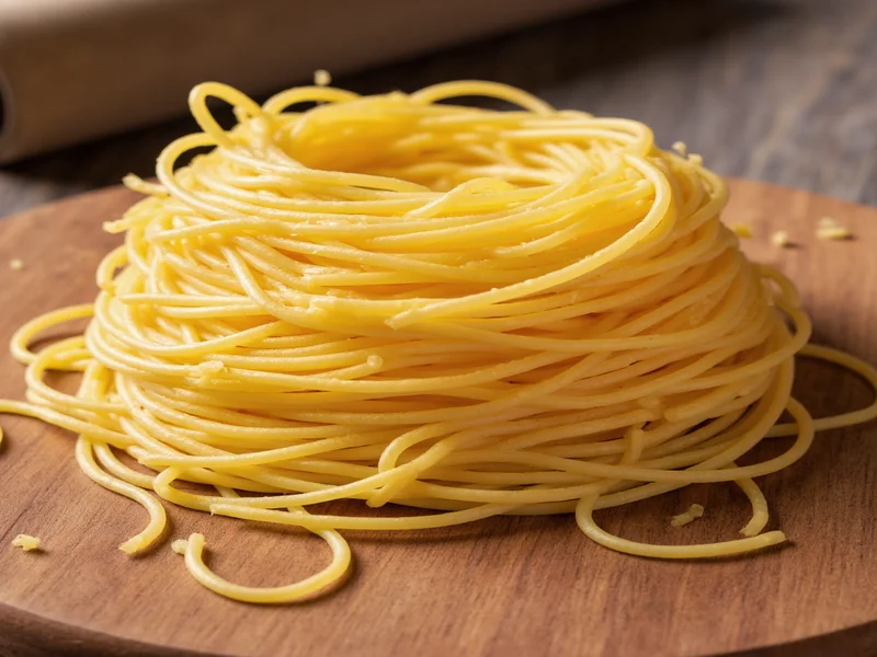 Homemade spaghetti strands on wooden board