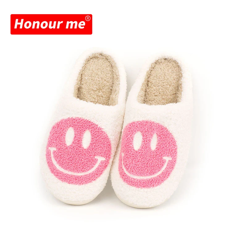 

Korean slippers unisex pink smile slippers women custom house fluffy kids ladies winter happy fur slipper from china