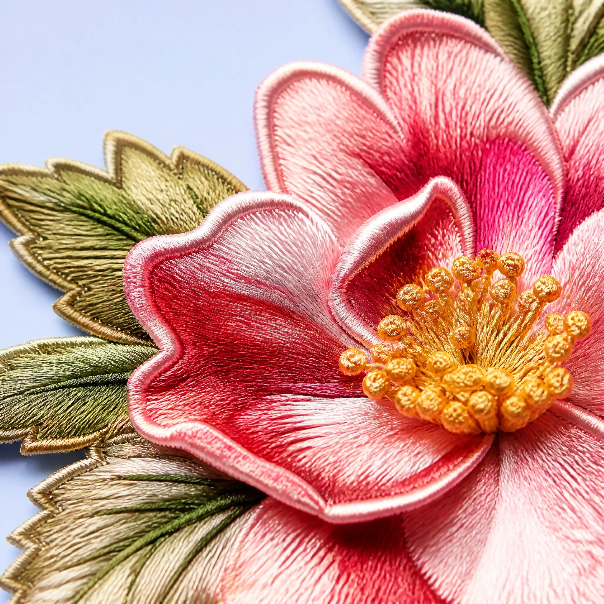 4K Macro Extreme Close-up of Pink Silk Shading Petals, 3D Curled Satin Edges, Golden French Knot Stamens and Leaf Veins