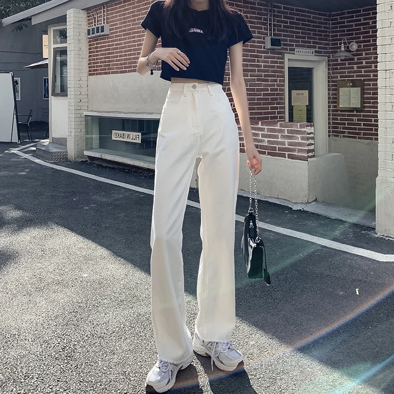 

2021 summer thin white high waist loose straight-leg jeans women's nine-point drape wide-leg pants