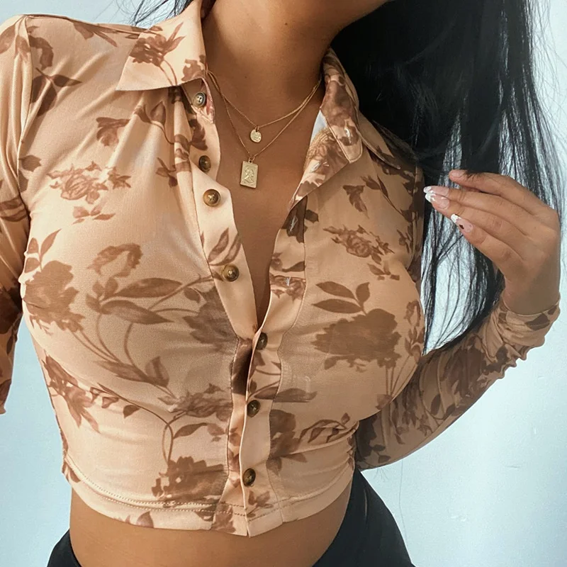 

LW-LS21284 Transparent long sleeve autumn and fall women custom logo crop top button down shirt, Color as shown