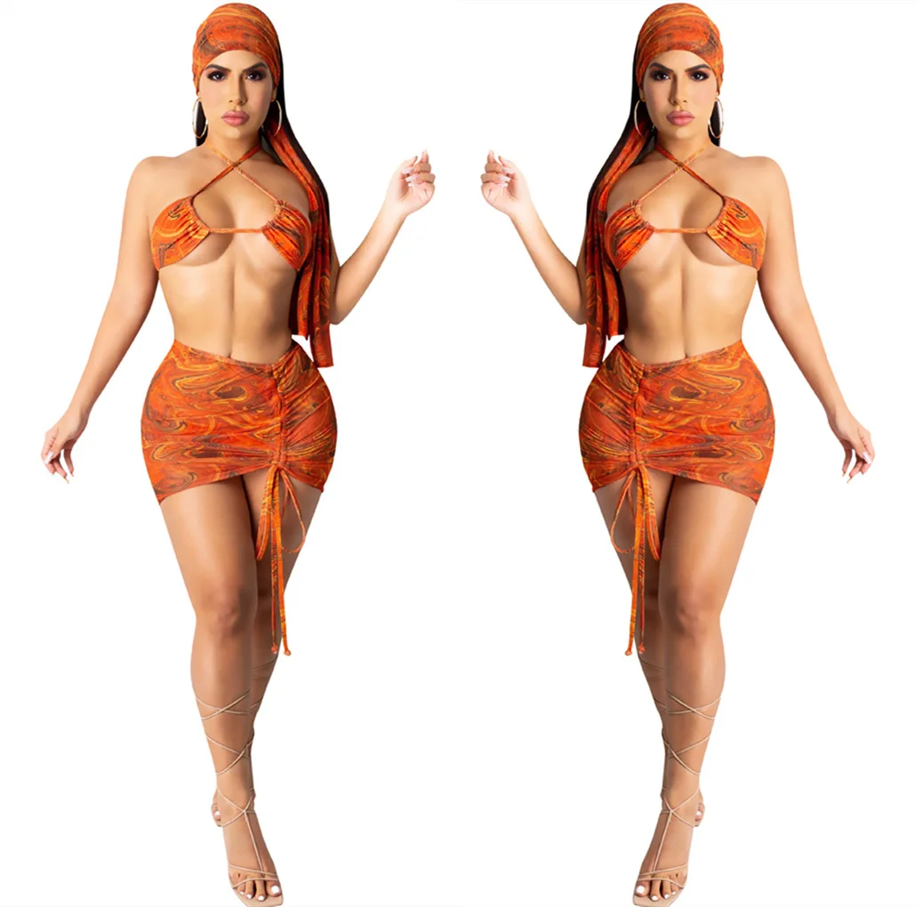 

women tie dye bandage bikini 4 piece set fashion bra skirt bikini set with headband beach wear swimsuit swimwear, Custom choose