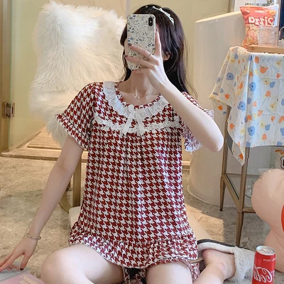 

Summer polyester women short sleeve shorts v-neck lace lovely home dress two sets, :eight color(1#,2#,3#,4#,5#,6#,7#,8#)