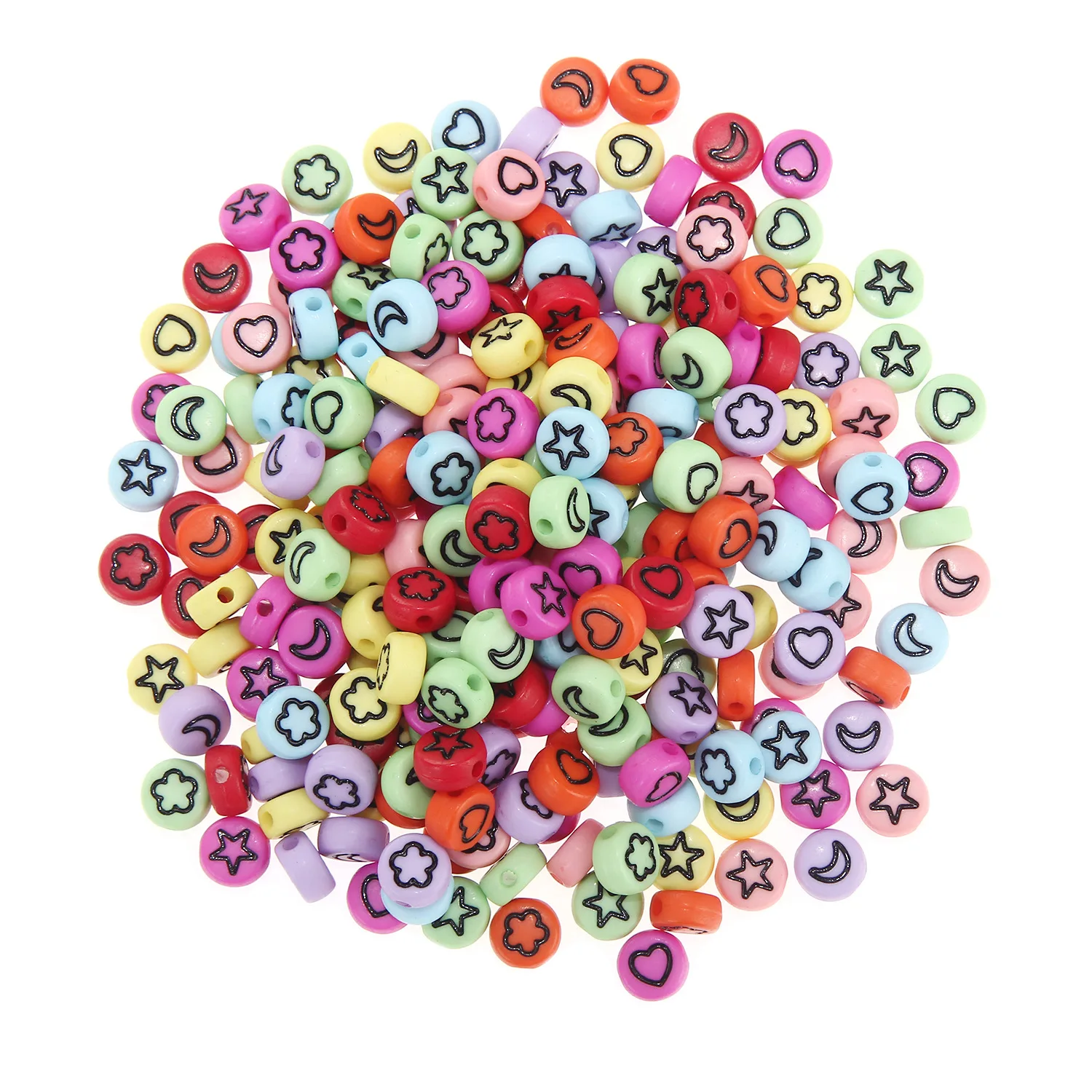 

Hobbyworker 100pcs Flat Round Heart Star Moon Flower Acrylic Loose Beads For DIY Jewelry Making