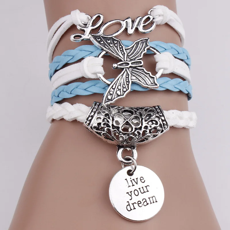 

New European and American vintage bracelet LOVE butterfly liveyourdream hot sale woven bracelet