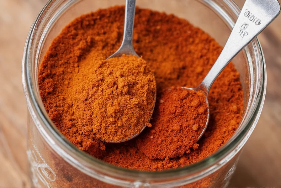 Close-up of homemade chili spice blend in glass jar with measuring spoons showing precise measurements of chili powder, cumin, and paprika