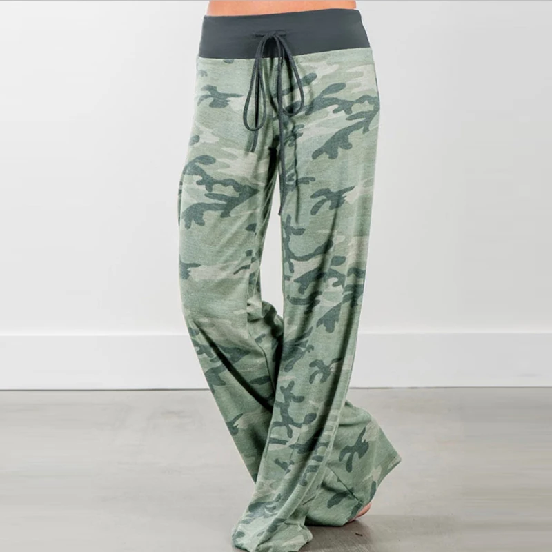 

2021 Sports Trend Camouflage Digital Printed Casual Wide-leg Pants Elastic Drawstring Waist Women Yoga Pants