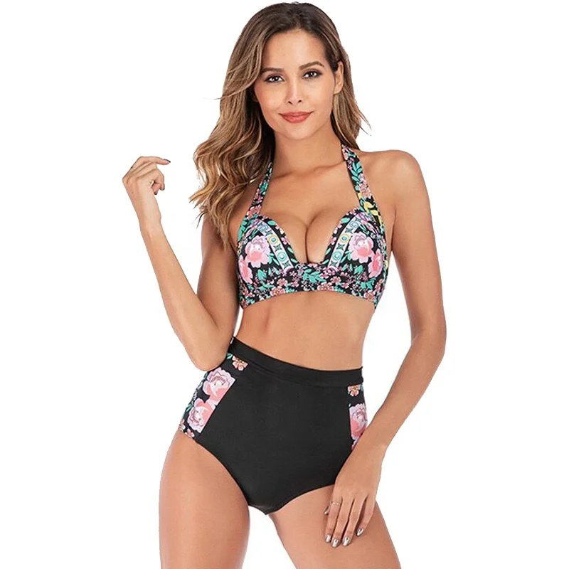 

Hot sale fashion sexy printing bikinis wholesale woman high waist swimwear split body two piece swimsuits for women