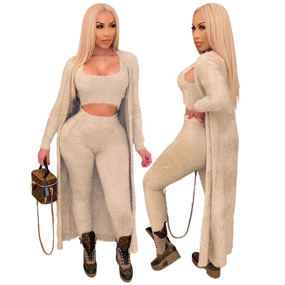 

2021 fall/winter new arrival fashion casual plain crop top long sleeve cardigan sweater coat three piece pants set women clothes, As shown in figure