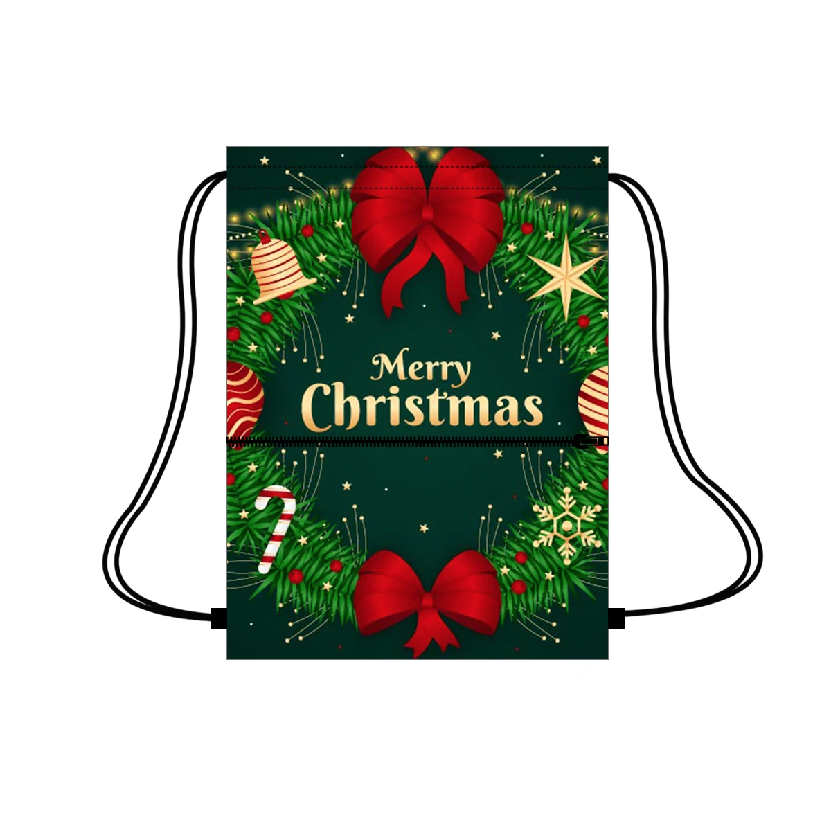 

Sublimated custom drawstring bag with big zipper pocket washable reusable bag drawstring printed christmas design, Customized