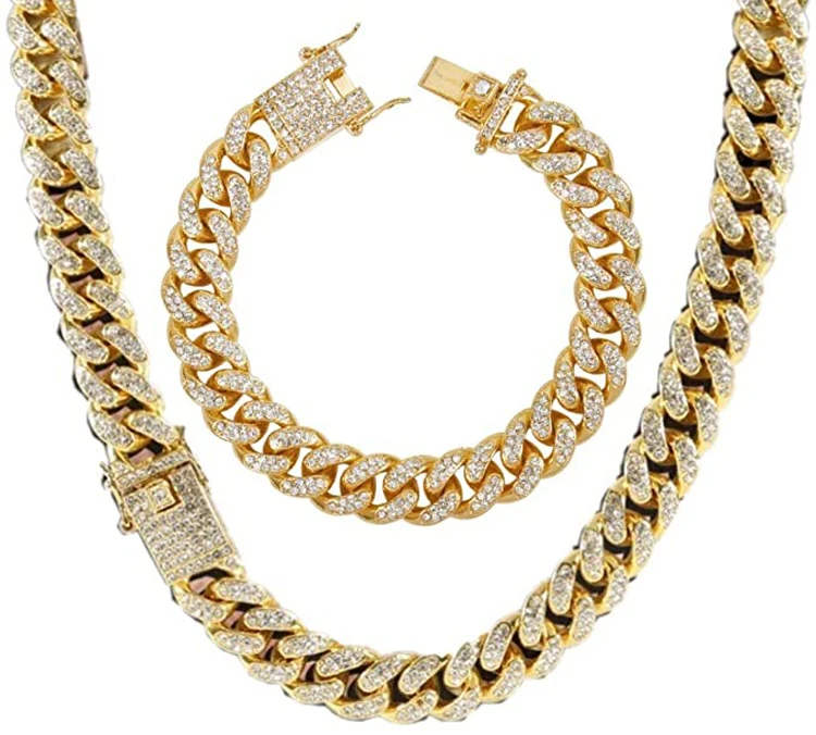 

Men's 12MM Chains 18K Gold Plated CZ Fully Iced-Out Miami Cuban chain necklace Bracelet Set, Gold ,silver