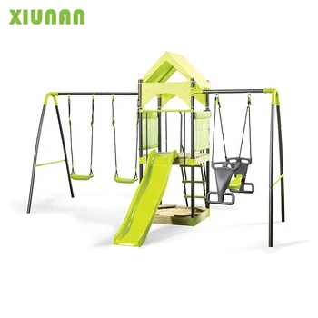 

Outdoor Metal Playground Swing Set With Plastic Slide and wooden, Customized