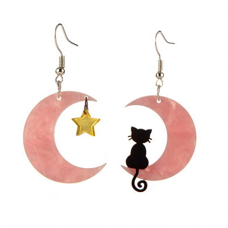 

Cartoon Lovely Animal Weather Pendant Resin Earrings Pink Creamy White Moon Star Black Cat Acrylic Dangle Earrings