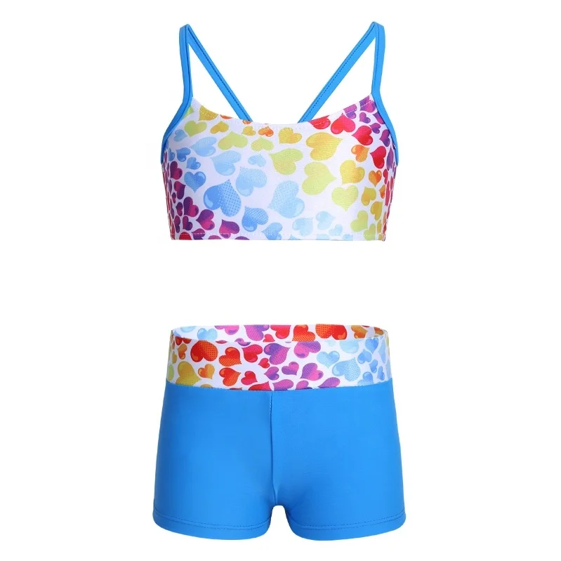 

In Stock Girls 2 Pcs Backless Outfit Crop Top With Booty Shorts Swimming Dress Kids Tankinis Swimwear Girls