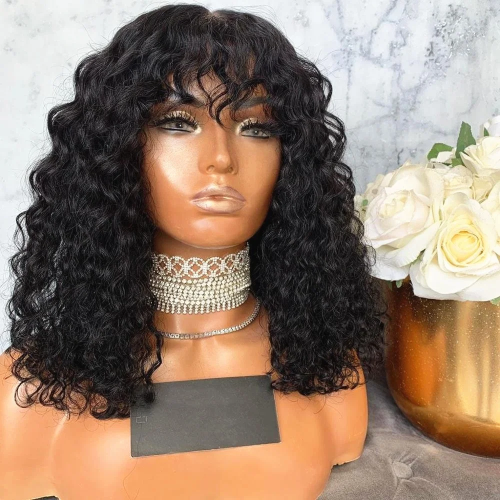 

Black Women Deep Curly Bob Natural Color Fringe Virgin Human Cuticle Aligned Hair Lace Front Wigs With Bang