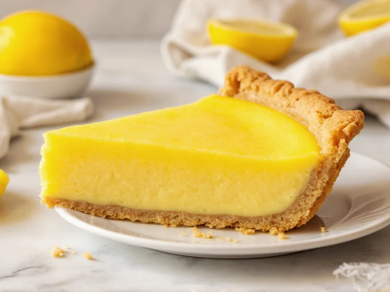 Golden homemade lemon pie with perfect slice showing smooth filling